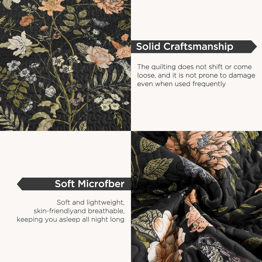 Floral Black Quilt - 3 Pieces Botanical Birds Pattern Quilt Bedding, Lightweight Soft Coverlet for All Seasons