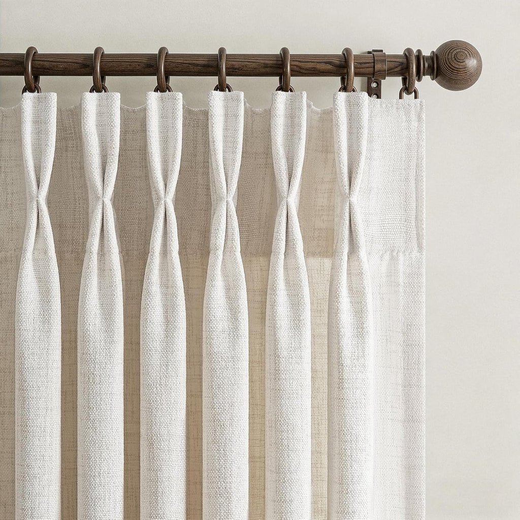 Pinch Pleated Linen Viral Curtains 4 Panels Set for Living Room, Birch Memory Trained Pleat Light