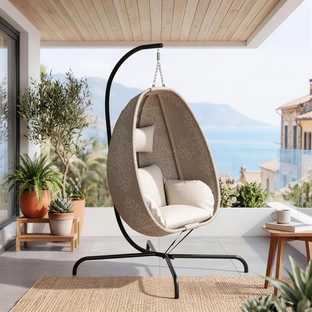 Hanging Egg Chair with Stand Indoor Outdoor, Foldable Outdoor Egg Swing Chair with Cushion, 485LBS Capacity Textilene