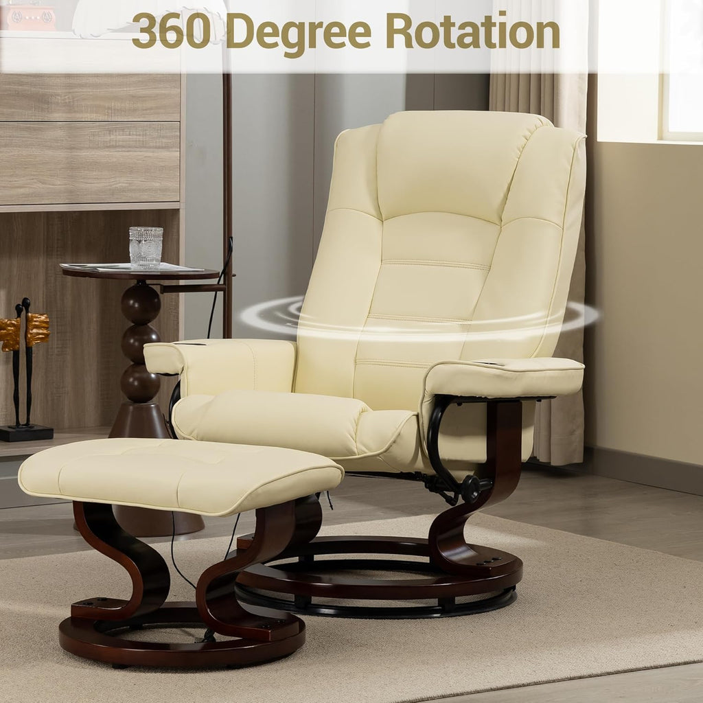 Modern Reclining Swivel Lounge Chair and Ottoman — Beige PU Leather