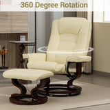 Modern Reclining Swivel Lounge Chair and Ottoman — Beige PU Leather