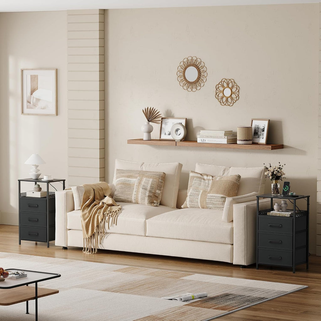 Night Stand Set 2 with Charging Station, 3 Drawer Nightstands with LED Lights, End Table with Outlets and USB Ports
