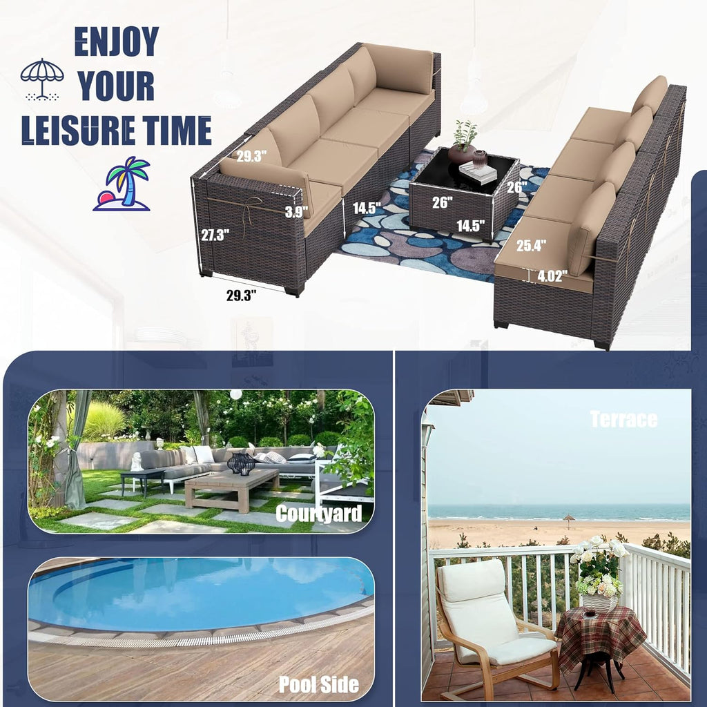 9 Pieces Patio Furniture Set, Rattan Wicker Outdoor Conversation Sets w/4 Inch Cushion and Glass Coffee