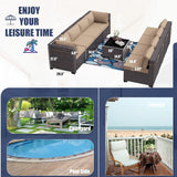 9 Pieces Patio Furniture Set, Rattan Wicker Outdoor Conversation Sets w/4 Inch Cushion and Glass Coffee