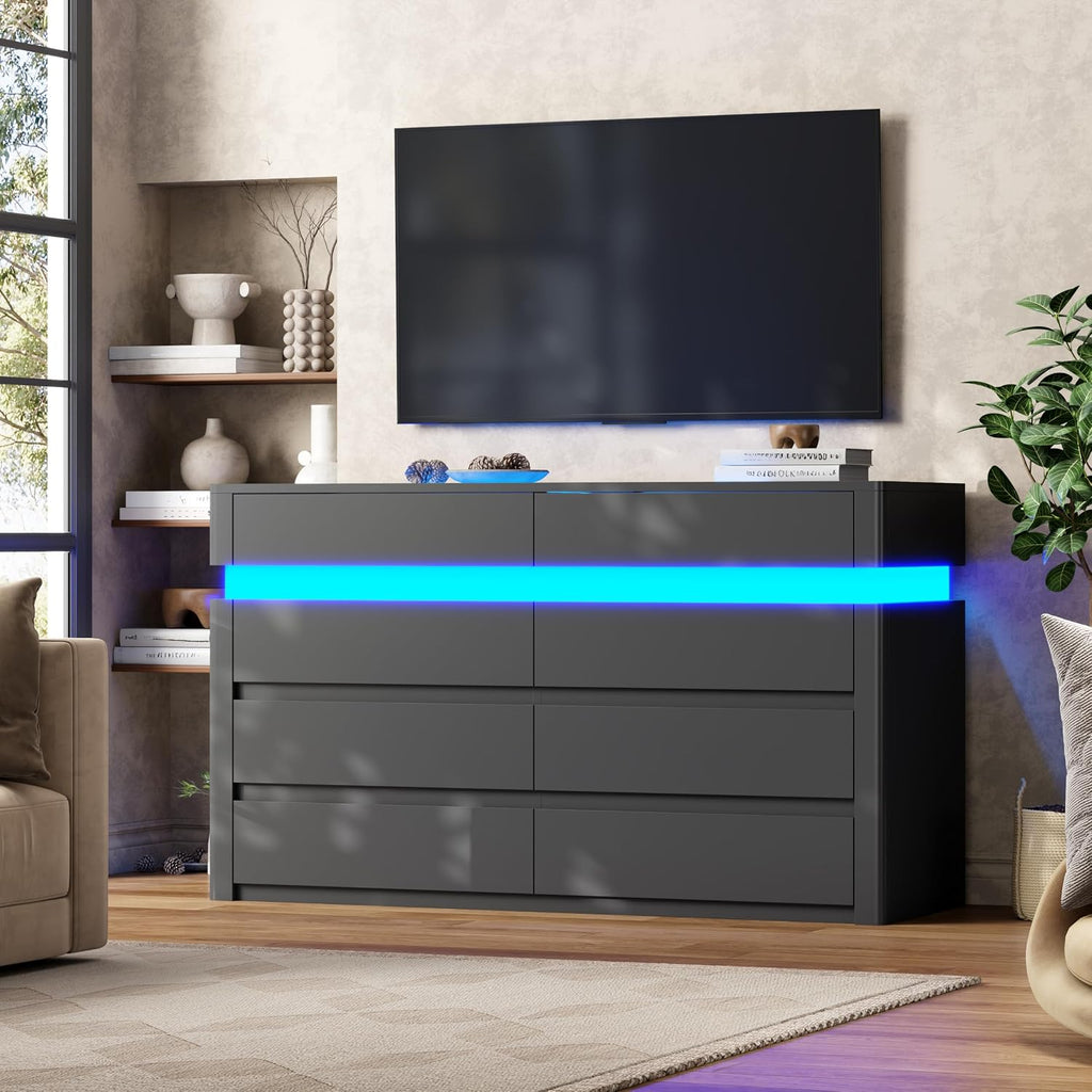 8 Drawer Dresser with LED Lights, Black Dresser with Glass Top Modern Chest of Drawers for Closet Modern Double Wide