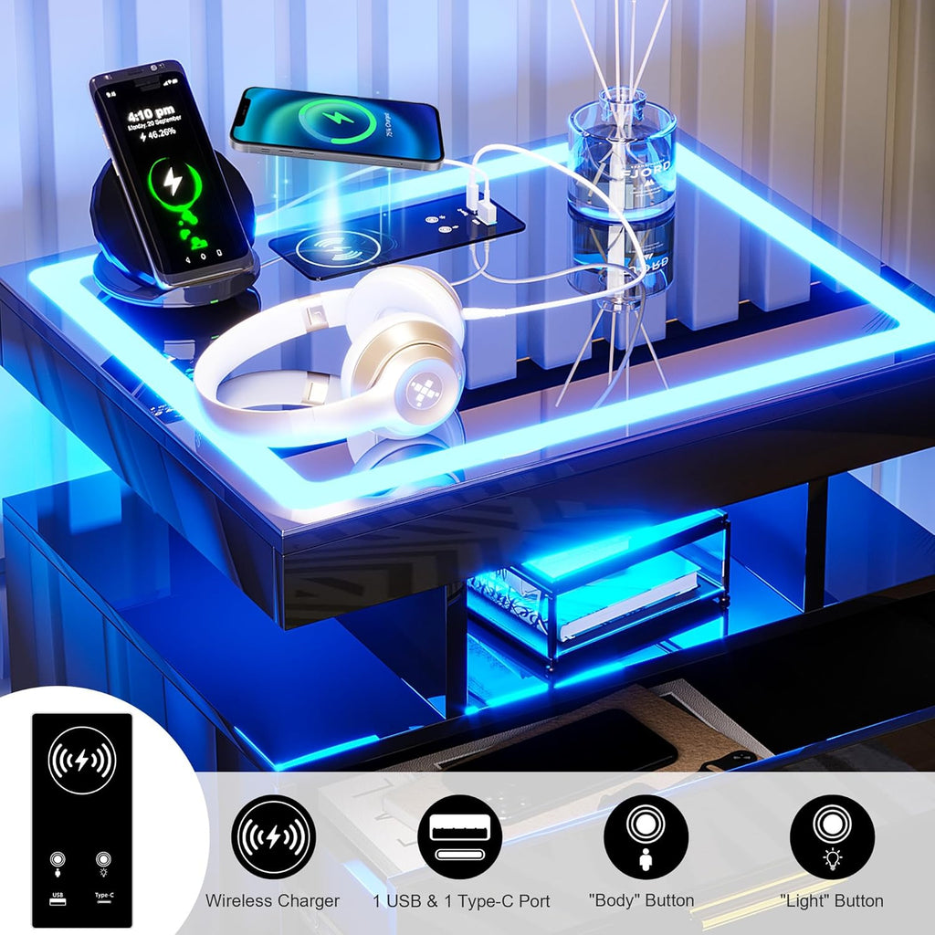 LED Nightstand with Charging Station (USB,Type-C Ports) High Gloss Bedside Table with 2 Drawers, Smart Night Stand