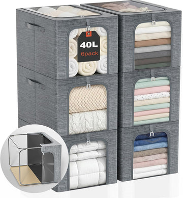 Clothes Storage Bins with Metal Frame for Closet, 40L 6-Pack Grey | Sweaters Hoodies Jeans T-Shirt, Closet Top Shelf