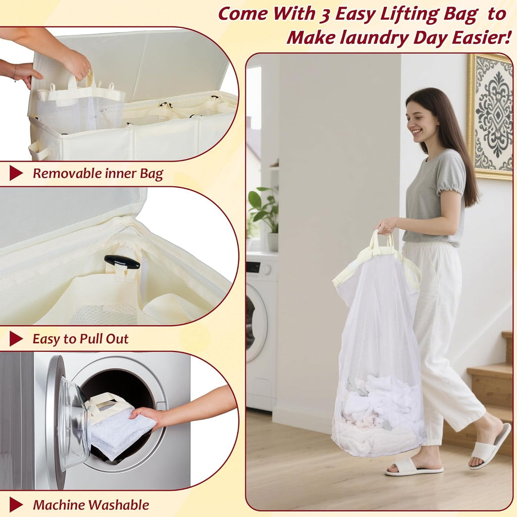 195L Laundry Hamper 3 Section,Large Laundry Hamper with Lid,Dirty Clothes Hamper with 3 Inner Bags,Collapsible