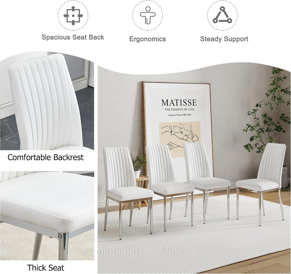 White Leather Chair, Modern Dining Chair Set of 4 with PU Leather and Chrome Leg, Sillas de Comedor with High Back