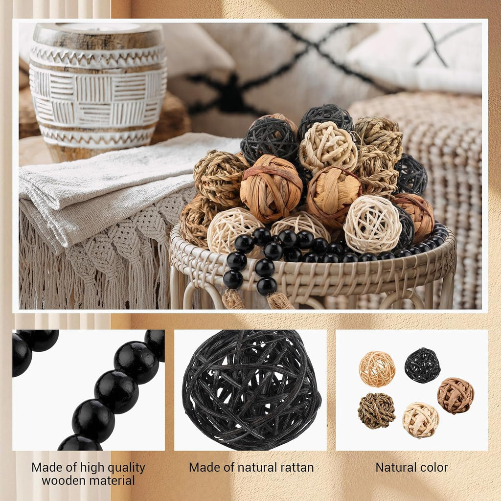 Wicker Rattan Decorative Balls, Black - Set of 31
