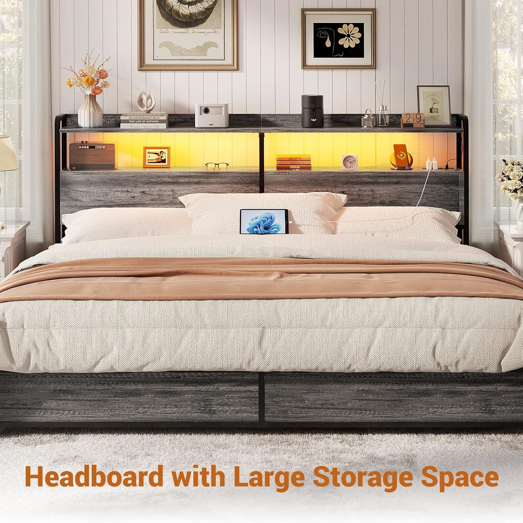 Headboard for King Bed Frame, Headboards with Outlets, USB Ports and LED Light, Head Board with Storage