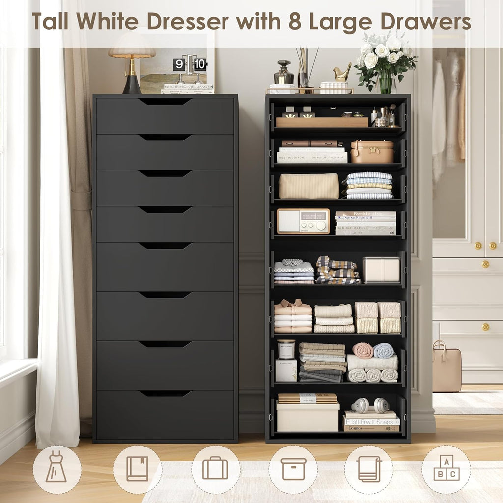 Tall Black Dresser, 8 Drawer Dresser with Groove Handles, Black Tall Dressers, Modern Chest of Drawers with Large