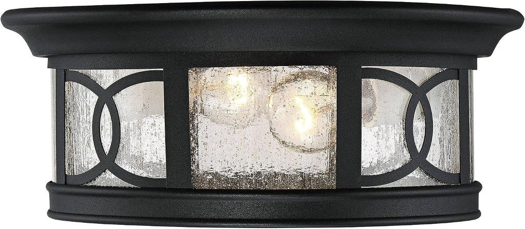Capistrano Mission Flush-Mount Outdoor Ceiling Light Fixture Black 12" Seedy Glass Damp Rated for Exterior House