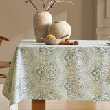 Vintage Blue Printed Tablecloths Rectangular: Floral Linen Farmhouse Table Cloth - Damask Patterned 
