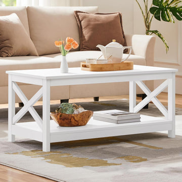 Wood 2-Tier White Coffee Table with Storage Shelf, X Design Accent Cocktail Table, Simple Design Home Furniture