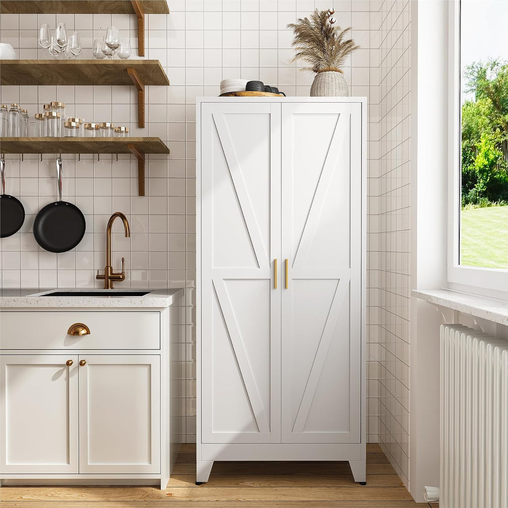 61" Metal Pantry Cabinet with Adjustable Shelves, White Storage Cabinet with Doors and Shelves, Sturdy Freestanding