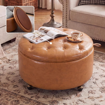 29" Large Round Storage Ottoman with Tray, Camel