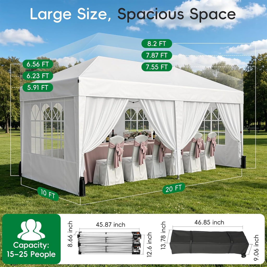 10x20 Pop up Canopy Tent with 6 Sidewalls, Outdoor Canopy with Windows & Roller Bag, Party Tent Events, Weddings