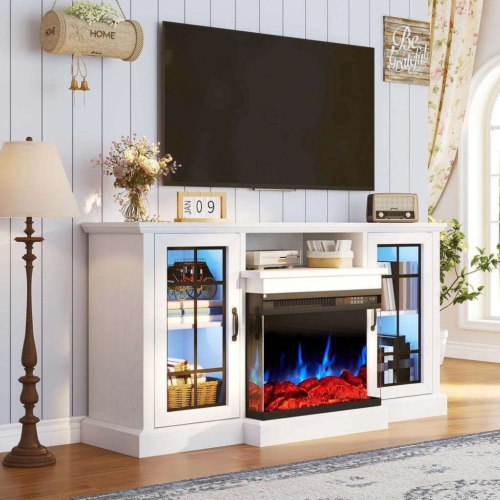 59'' TV Stand, 3 Sided Glass Media Entertainment Center Console Table for TVs up to 65'' with Glass Door, Adjustable
