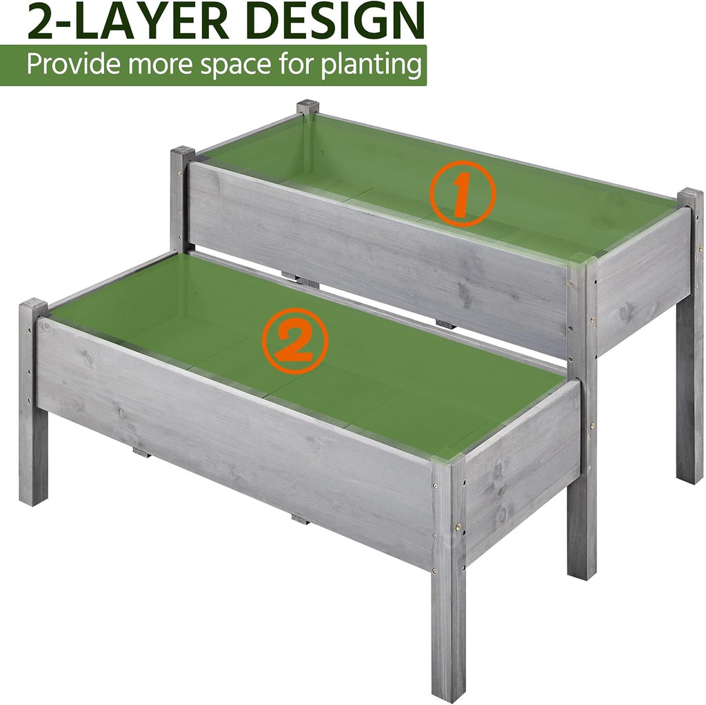 Raised Garden Bed Wood Tiered Planter Outdoor with Legs,Gray | 47 x 41 x 30 in Elevated Grow Box with 2 Levels and