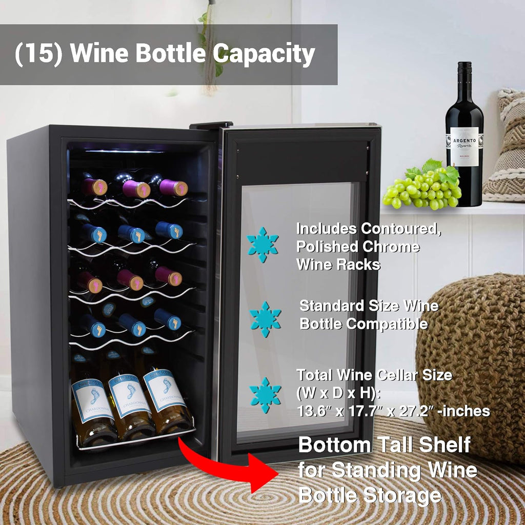 15 Bottle Wine Fridge Red and White Wine Chiller Adjustable Temp Control 41°F to