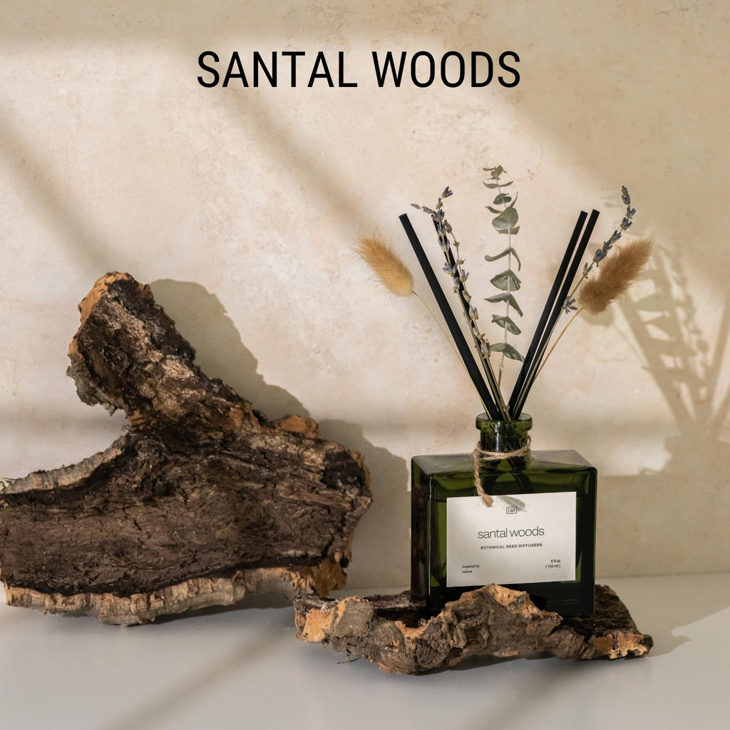 Premium Santal Woods Reed Diffuser with Dried Flowers - 5 oz Essential Oil Diffuser - Long-Lasting Fragrance Diffuser