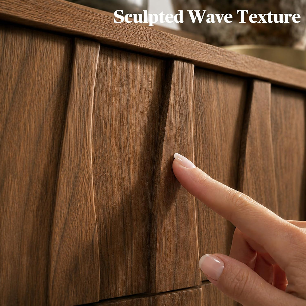 Mid-Century Modern Walnut Nightstand, Wide Bedside or Side Table with 3 Drawers, Sculpted 3D Wave Front, Push-to-Open