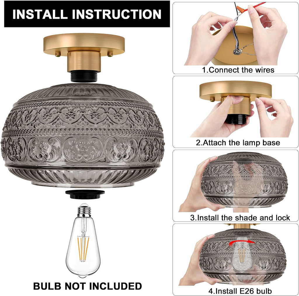 Semi Flush Mount Ceiling Light Fixture, 11" Vintage Gold Hallway Lights Fixture Ceiling with Grey Glass and Entry