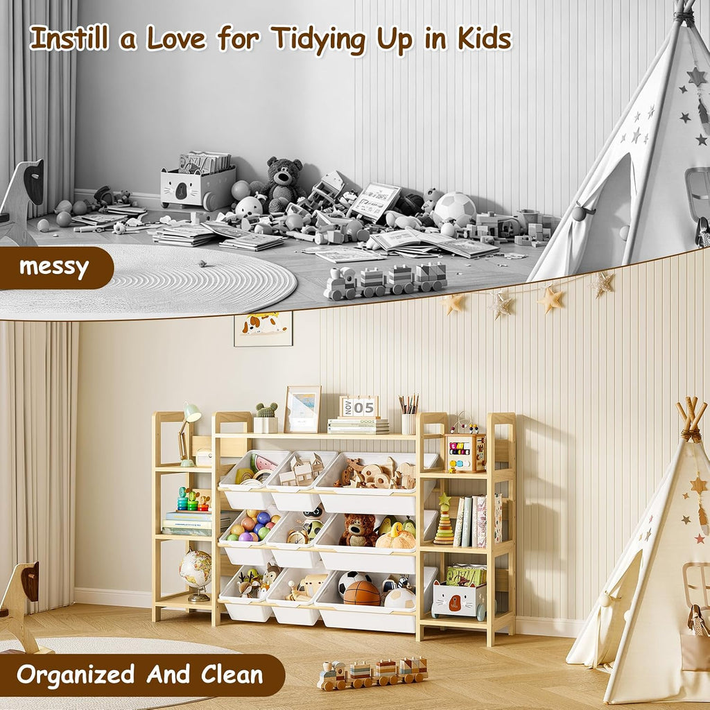 Large Toy Storage Organizer, Top Rack, 6 Side Shelves, 9 Bins | Solid wood kid-height storage for toys, books and