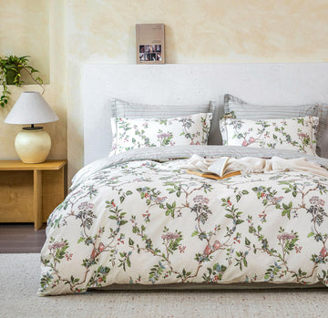 Farmhouse Cotton Comforter Set 3PC - Soft Cream Base Songbird Grove Botanical Prints, Earthy Stripe
