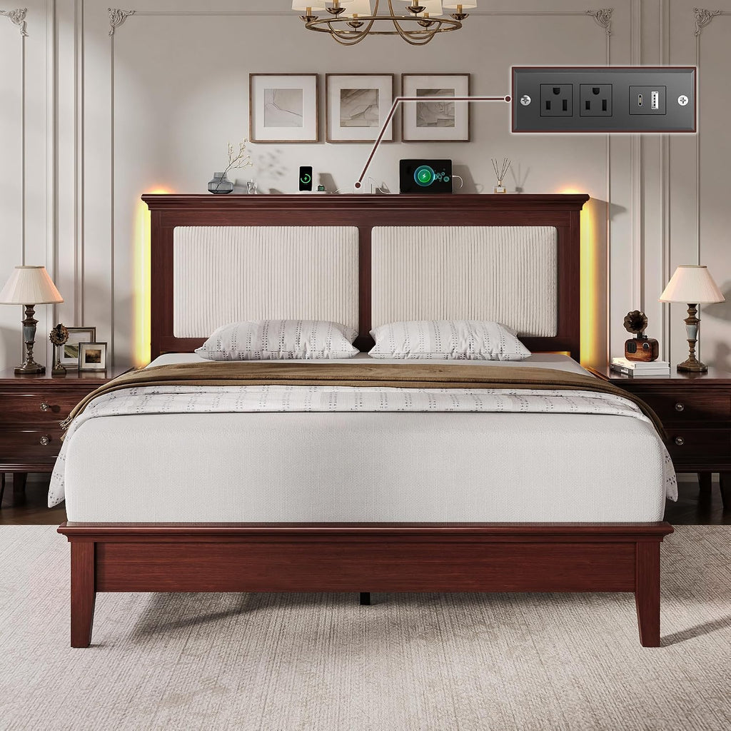 Queen Bed Frame with Headboard, Solid Wood Bed Frame Queen with Charging Station & RGB LED, Wood Slats Support