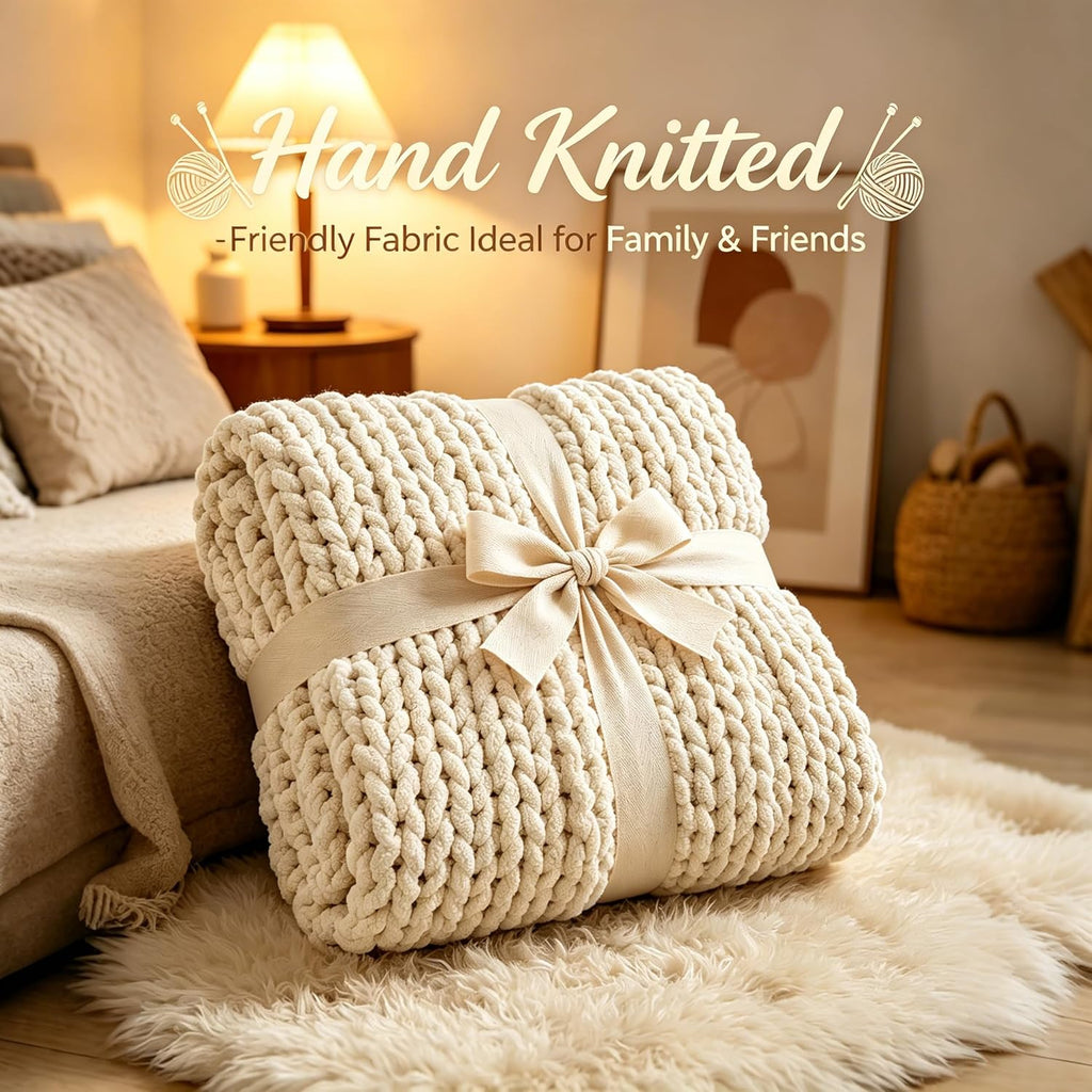 Chunky Knit Blanket Throw 51"x63", 100% Hand Knit Chenille Throw Blanket, Soft and Cozy Knitted Throw Blankets