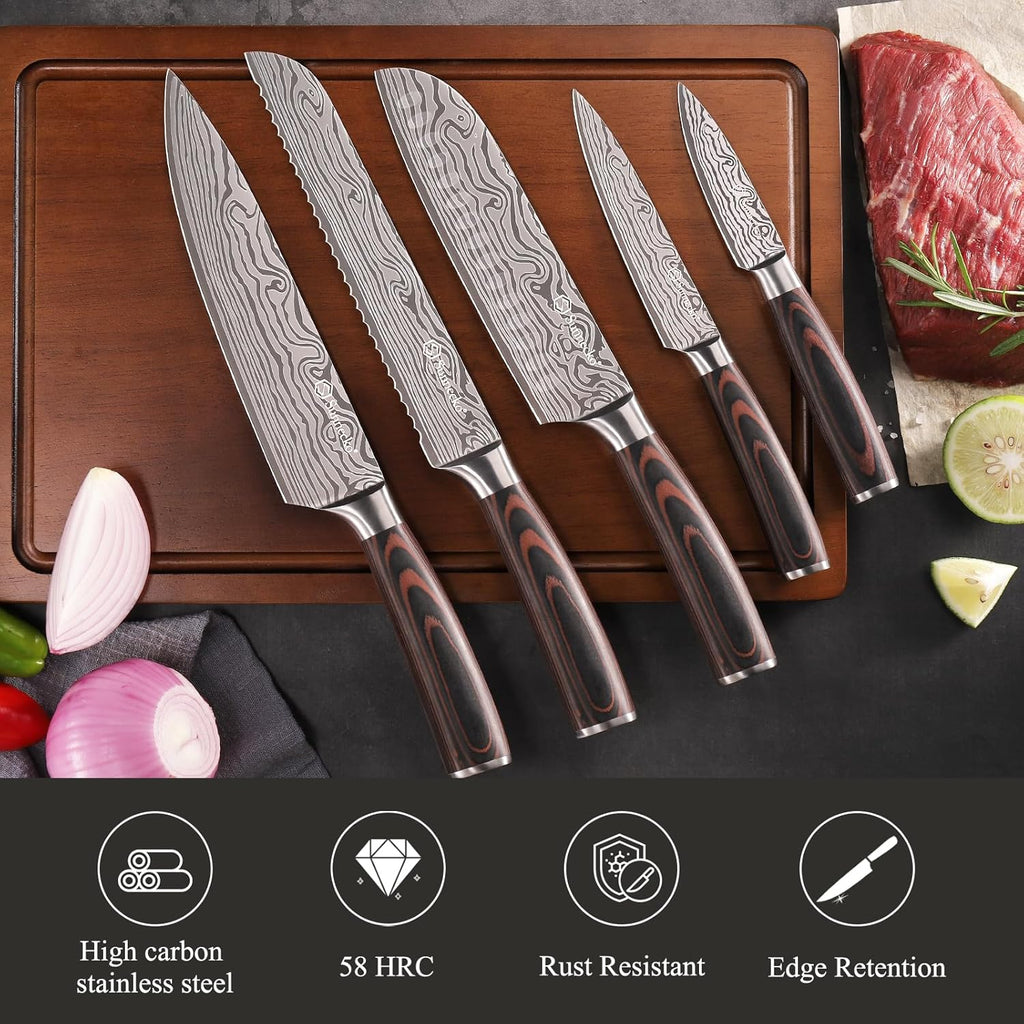 Kitchen Knife Set 5 Piece Chef Knife Set Professional High Carbon Stainless Steel, Sharp Kitchen Knives with Wooden