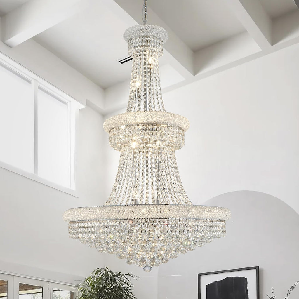 Large Crystal Chandelier Light fixtures - Diameter 31.5 inch, 3 Layers Chrome Ceiling Haning Chandeliers, Pendant Lighting for Living Room, Staircase, Foyer