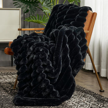 Faux Fur Throw Blanket, Cozy Warm Plush Striped Blanket, 50 * 60 Inches Black