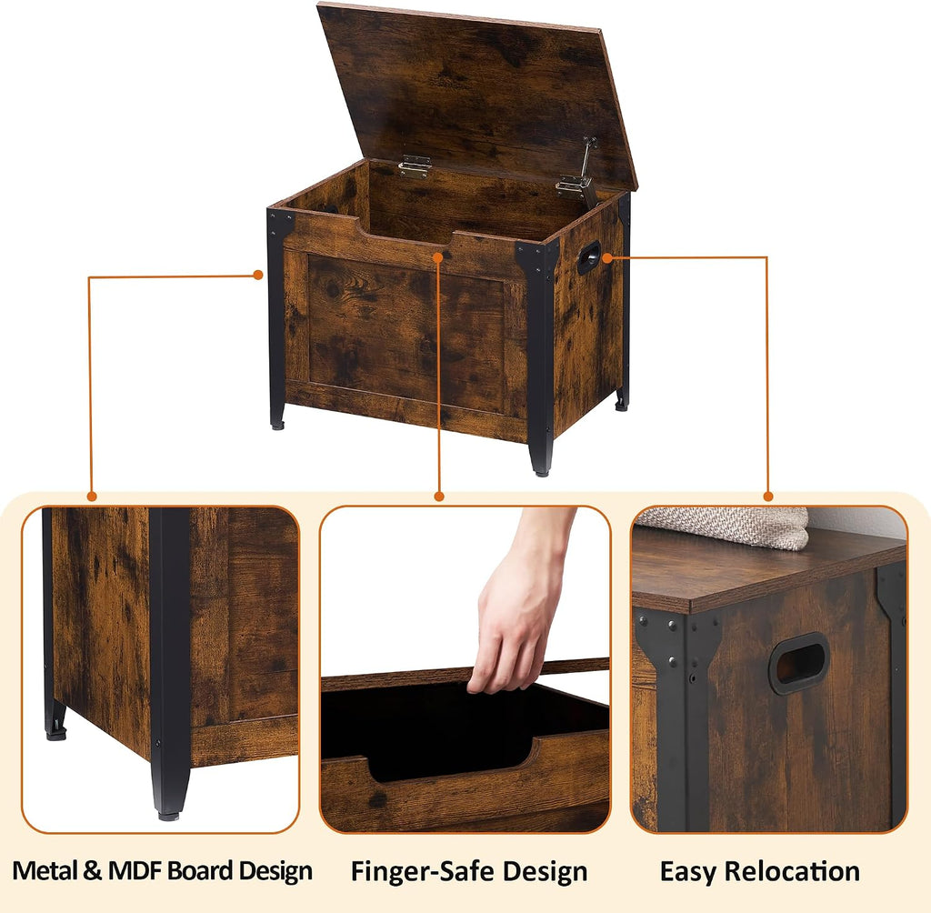 23.6" Storage Bench with 2 Safety Hinges, Rustic Brown | Retro Wooden Storage Chest, Loads 300 lb, Easy Assembly