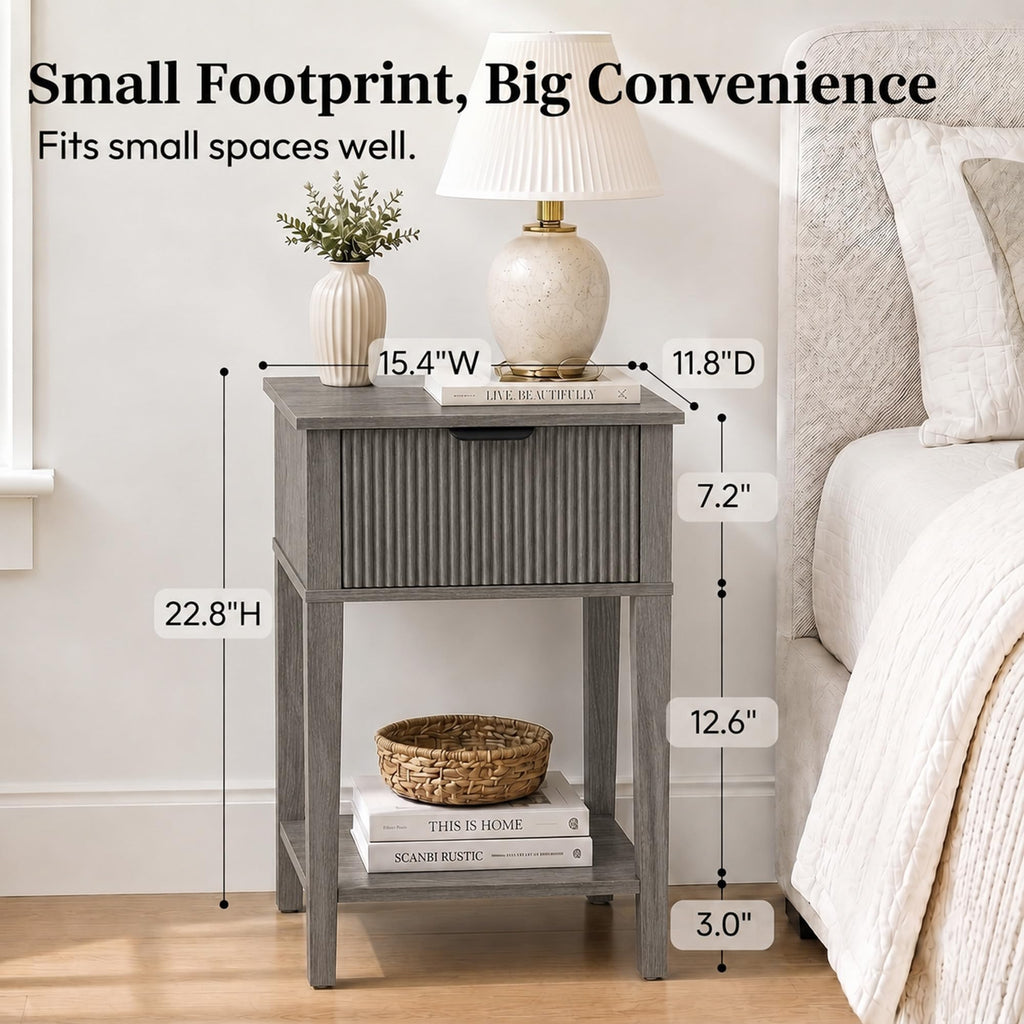 Weathered Gray 15.4" Wide Small Nightstand 2-Pack, Drawer Shelf, Fluted