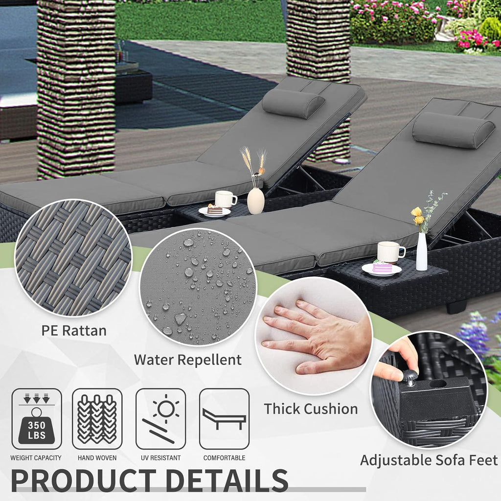 Outdoor Chaise Lounge Chairs for Outside Patio Furniture Set of 2 Wicker Recliner Black Rattan Sunbathing