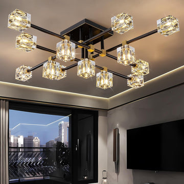 Crystal Ceiling Light Fixture with 13-Lights,Black and Gold Semi Flush Mount Ceiling Light,Modern Chandelier