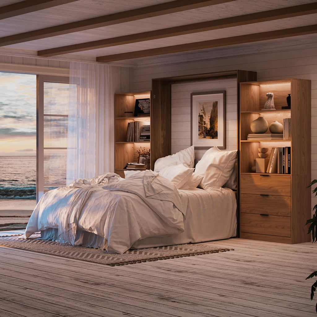 Queen Murphy Bed,Farmhouse Guest Beds,Folding Wall Bed with Hydraulic Bar,64" W Twin Murphy Beds with 2 LED Storage