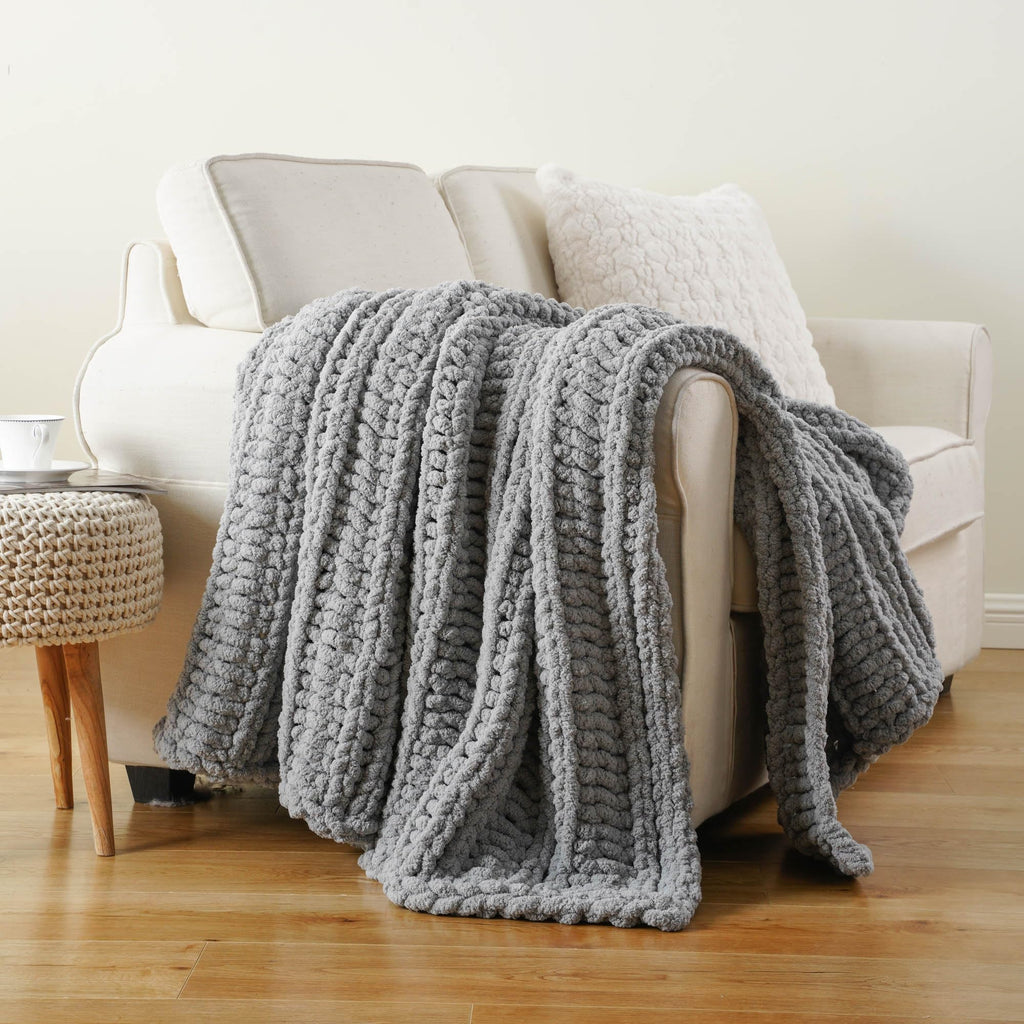 Light Grey Chunky Knit Throw Blanket for Couch, 50"x60", Textured