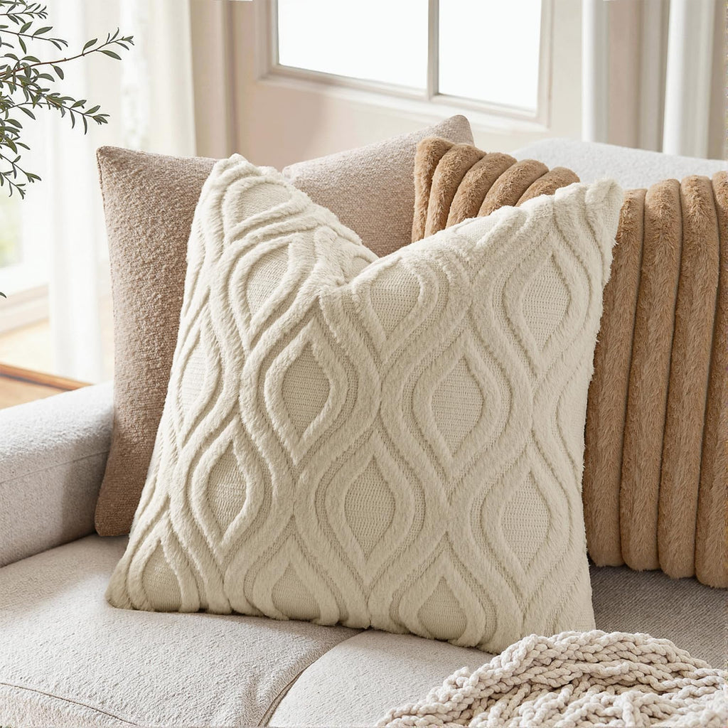 Beige Throw Pillow Covers 18x18 Inch, Neutral Soft Plush Faux Wool Solid Couch Pillows Set of 2, Decorative Farmhouse