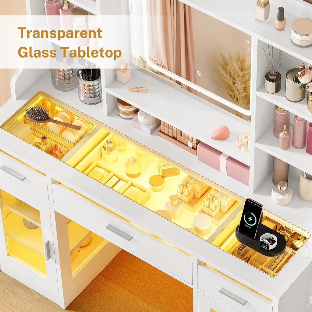 Vanity Desk with Mirror and Lights, 42" Large Makeup Vanity with Glass Top with 3 RGB Drawers, 2 Large Transparent
