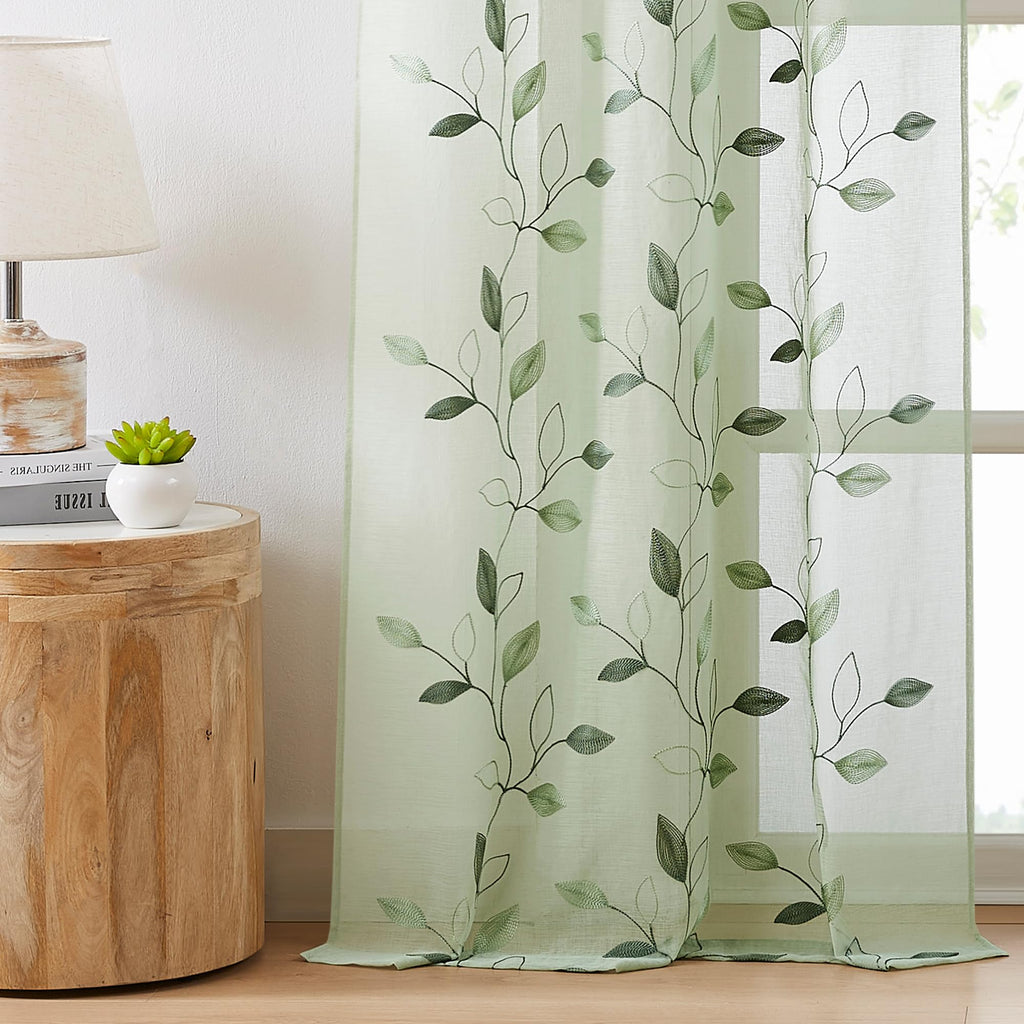 Embroidered Leaf Sheer Curtains, Sage Green 38" Wx84 Lx2