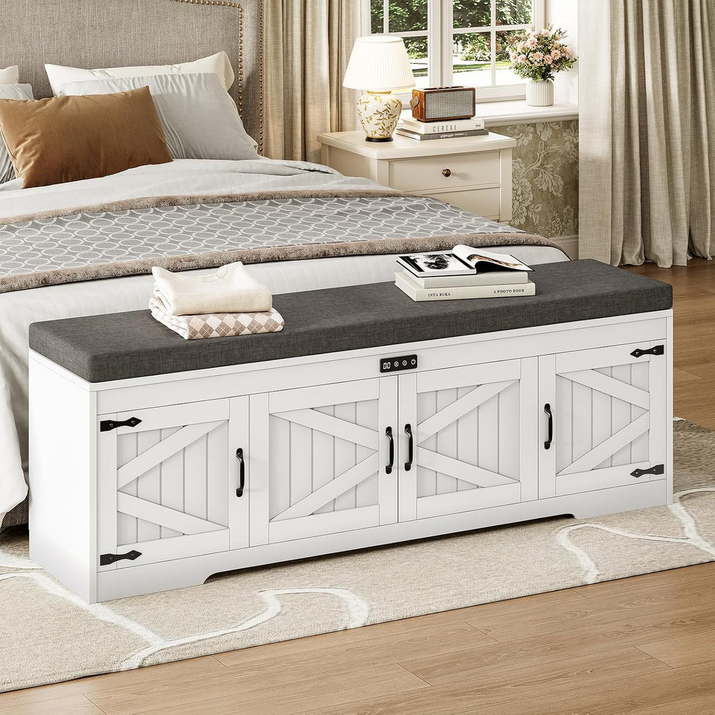 60" Farmhouse Shoe Storage Bench with Deodorizing, Entryway Storage Bench with Cushion Seat, 4 Doors Freestanding