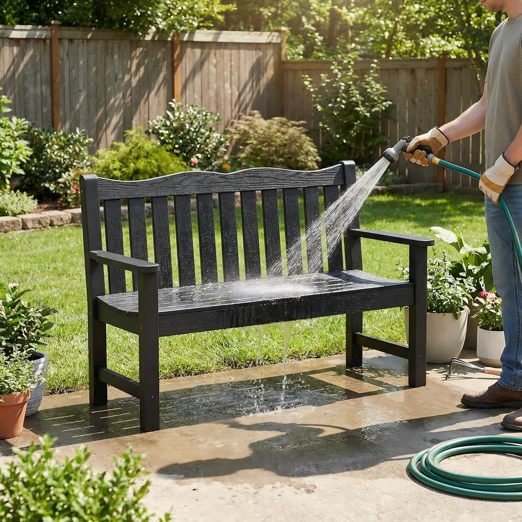 All-Weather 2-Person Outdoor Bench, 800 lbs Capacity HIPS Plastic Garden Bench , Backyard, Porch and Park, Never