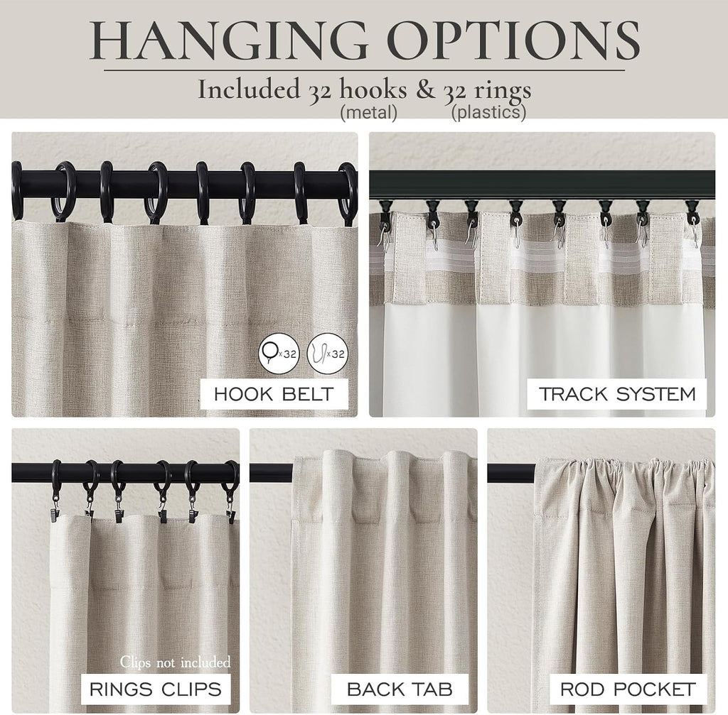 Black Out 96 Inch Long Boho Curtains 2 Panel Set, Farmhouse Curtains Darkening/Thermal/Noise Reduction Textured Flax - Set of 2