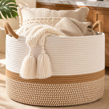 Large Blanket Basket with Handles, Storage Basket | Extra Large Capacity | Blanket Storage | Laundry Basket | Natural