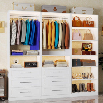 Closet System with 3 Sets, 6-15.8FT Custom Closet Organizer System with 6 Drawers & 8 Shelves & 5 Hanging Rods, Max