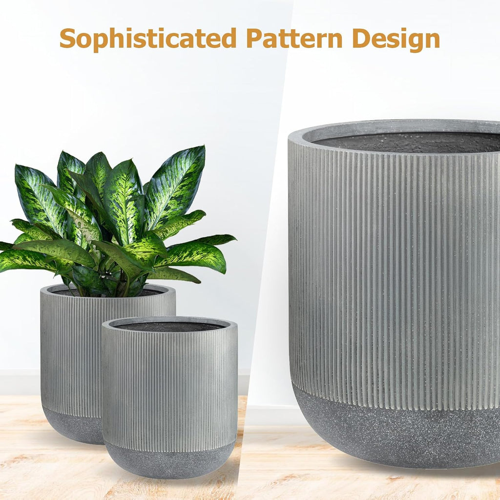 18.7" H x 16.9" D Premium Radius Fiberstone Planter - Charcoal | 15" Pot Opening, Ribbed, Included 2 Extra Coco Mats